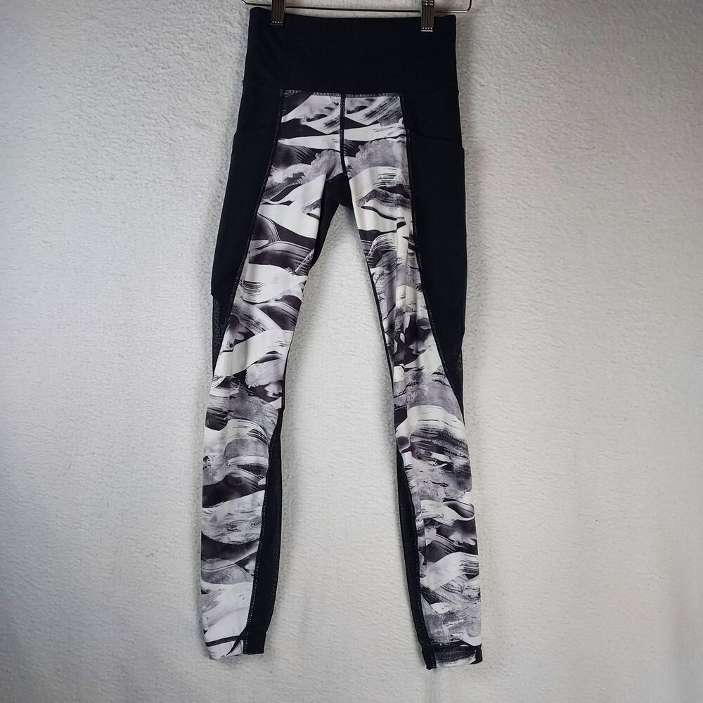 Athleta Women’s XXS Black White Abstract Print High Rise Mesh Pocket Leggings
